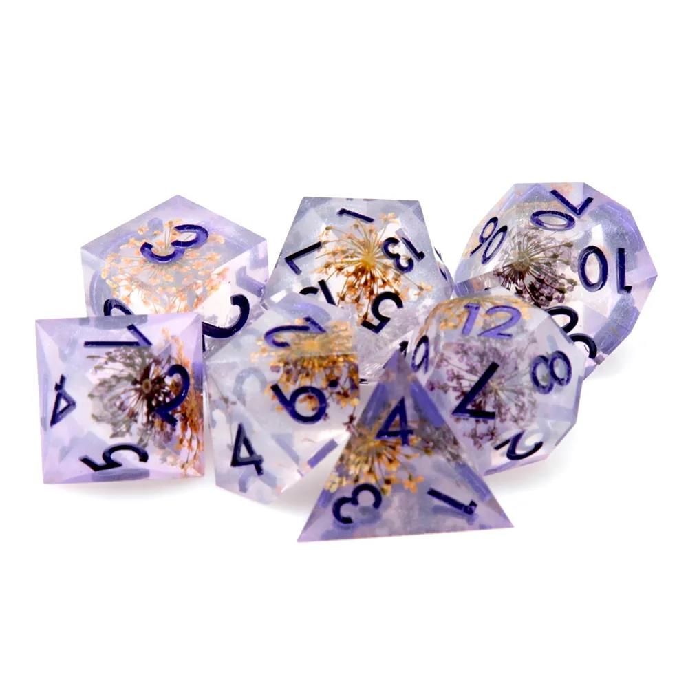 Flower in Yellow & Purple Filled Sharp Resin - 7pcs RPG Dice Set