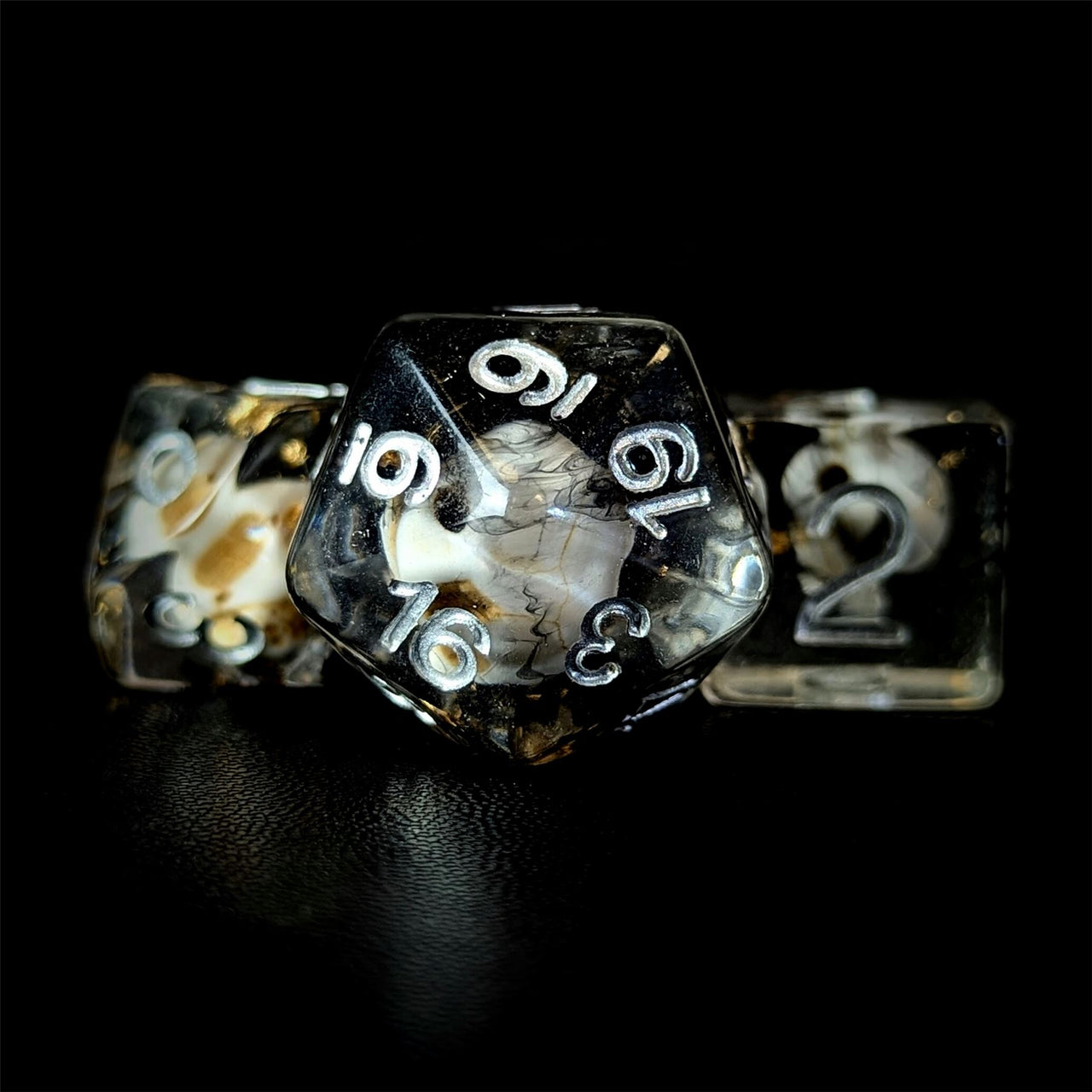 Skull with Gold Foil in Black & Clear Resin - 7pcs RPG Full Dice Set