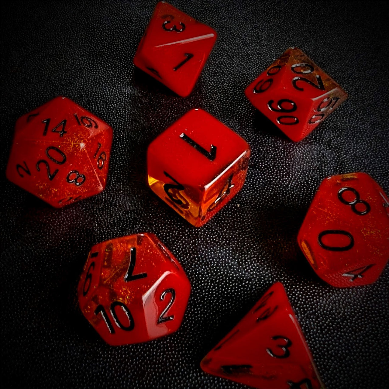 Layered Red & Amber with Shimmer Resin - 7pcs RPG Full Dice Set