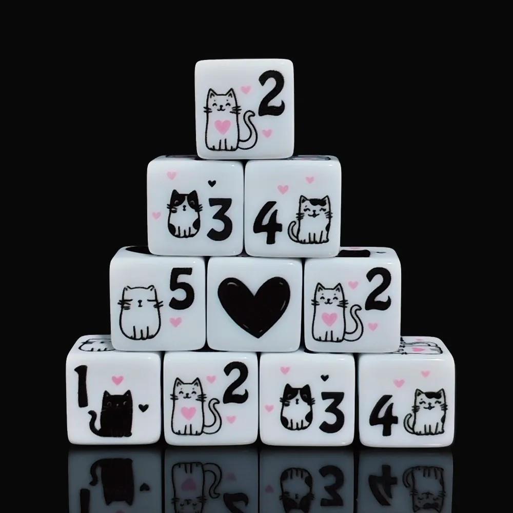 6pcs D6 16mm Dice Acrylic Printed Cat Heart Black Font White