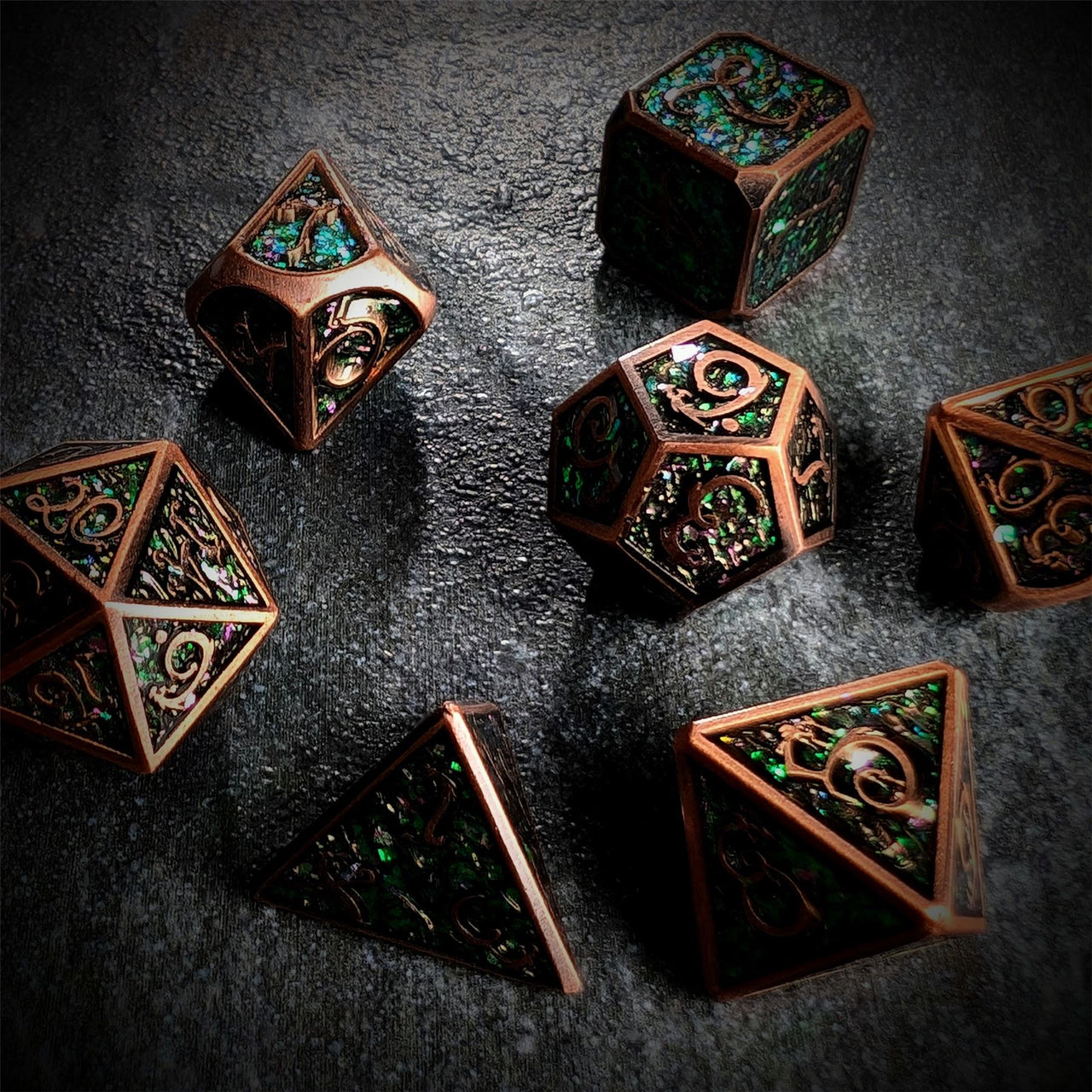 Glitter Pink Enamel in Copper Metal - 7pcs RPG Dice Set