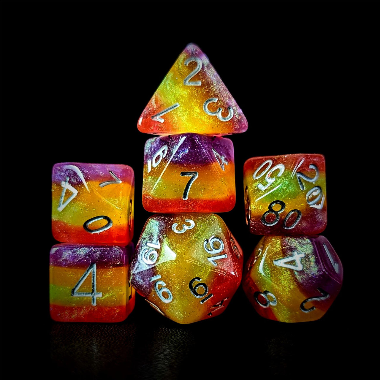 Glitter in Purple, Yellow & Red Resin - 7pcs RPG Full Dice Set