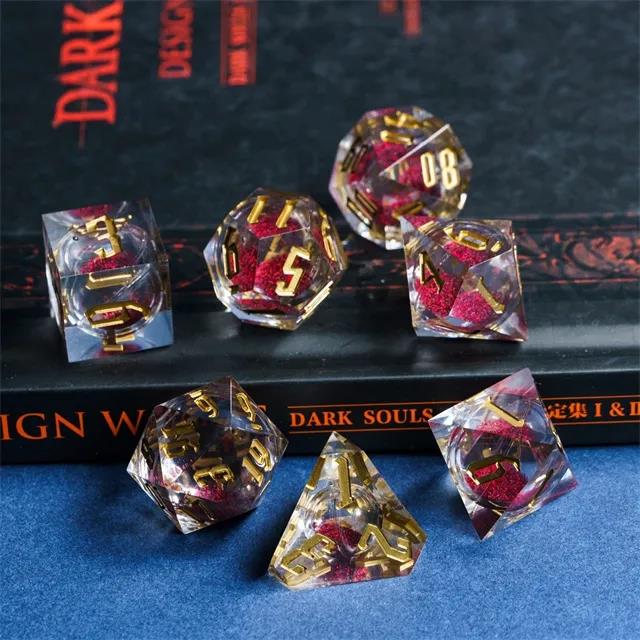 Red Glitter in Clear Liquid Filled Sharp Resin - 7pcs RPG Dice Set