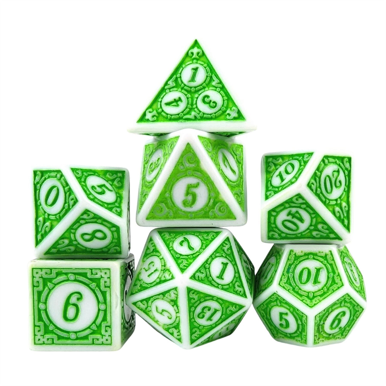 Green Lattice on White Acrylic - 7pcs RPG Full Dice Set White Stack