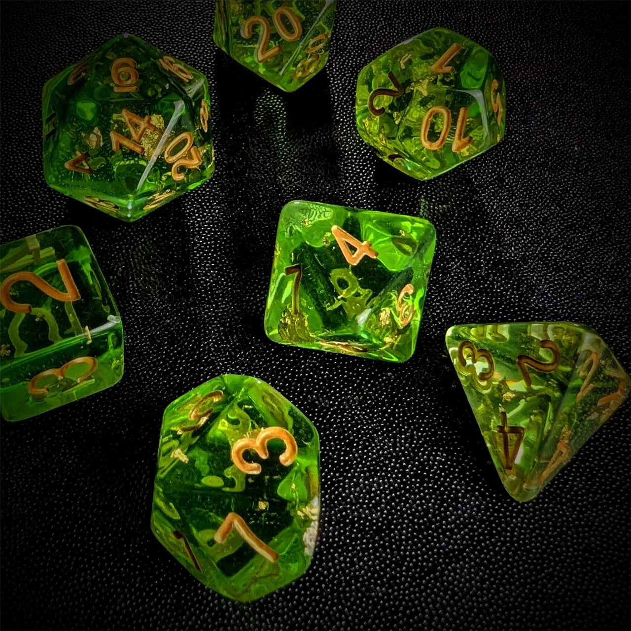 Gold Foil in Clear & Green Resin - 7pcs RPG Full Dice Set