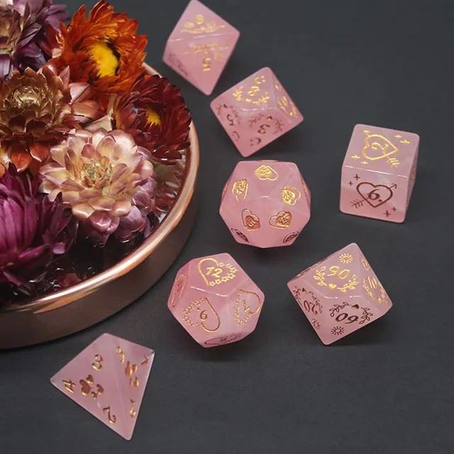 Hearts on Pink Glass - 7pcs RPG Dice Set