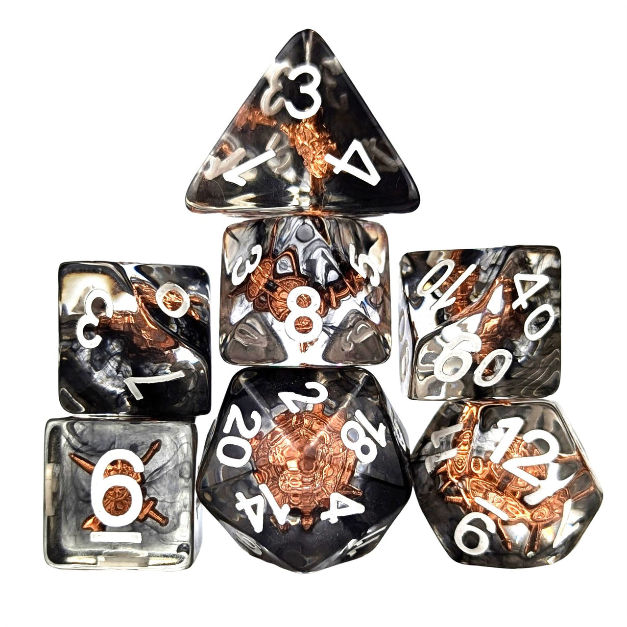 Shield in Clear & Black Resin - 7pcs RPG Full Dice Set