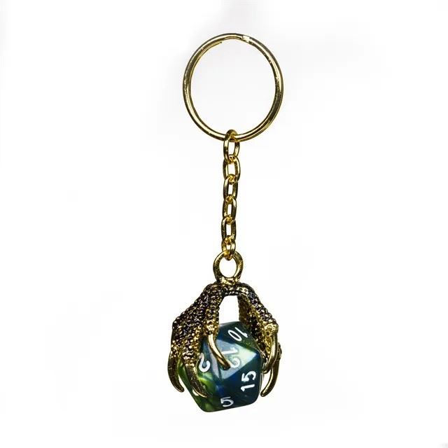 Green & Blue Acrylic in  Gold Metal Claw - D20 Keyring