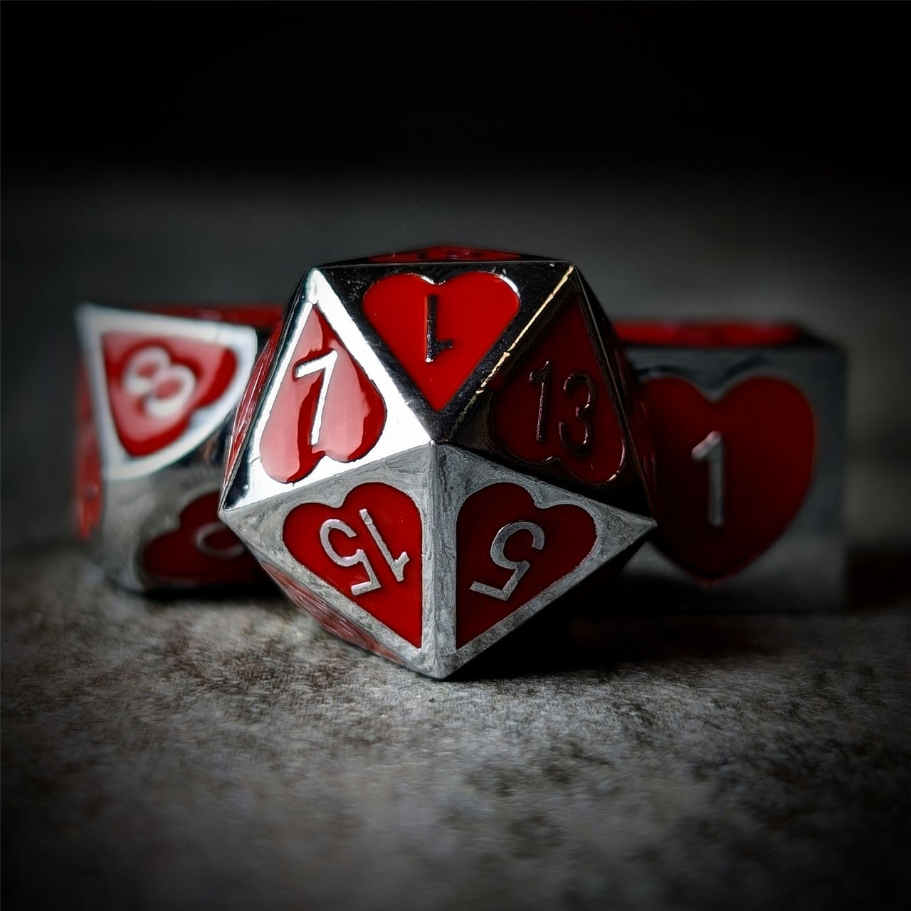 Red Heart Enamel in Silver Metal - 7pcs RPG Dice Set