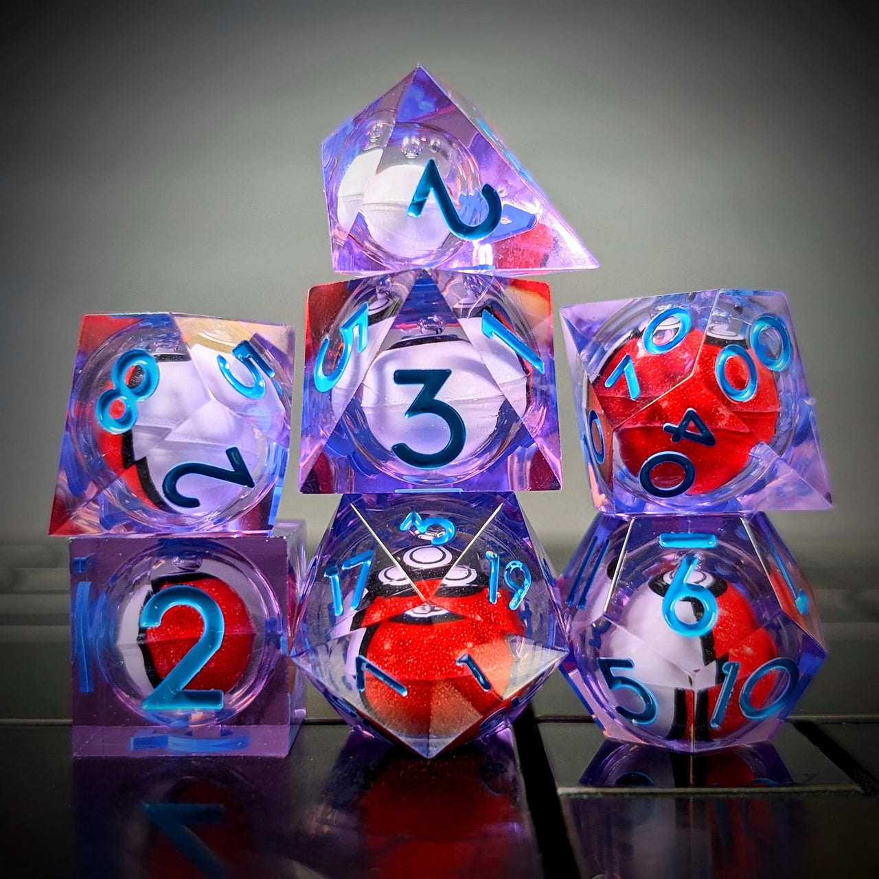 7pcs Dice Sharp Filled Poke Ball Blue Font Clear