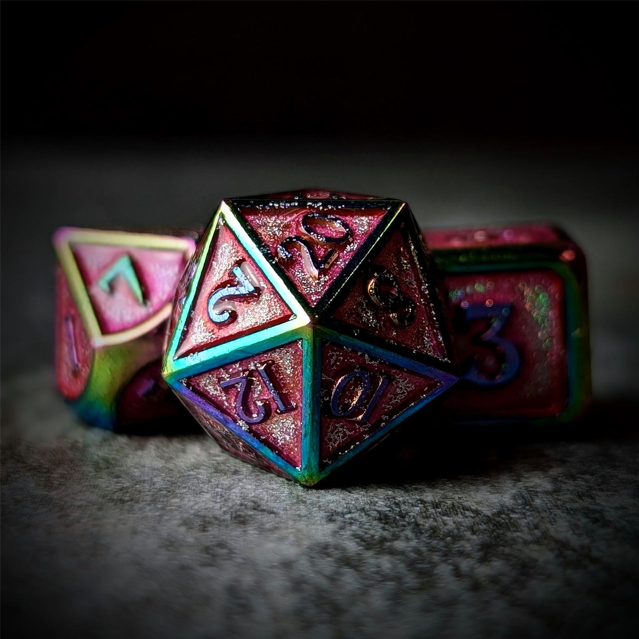 Glitter Pink Enamel in Rainbow Metal - 7pcs RPG Dice Set