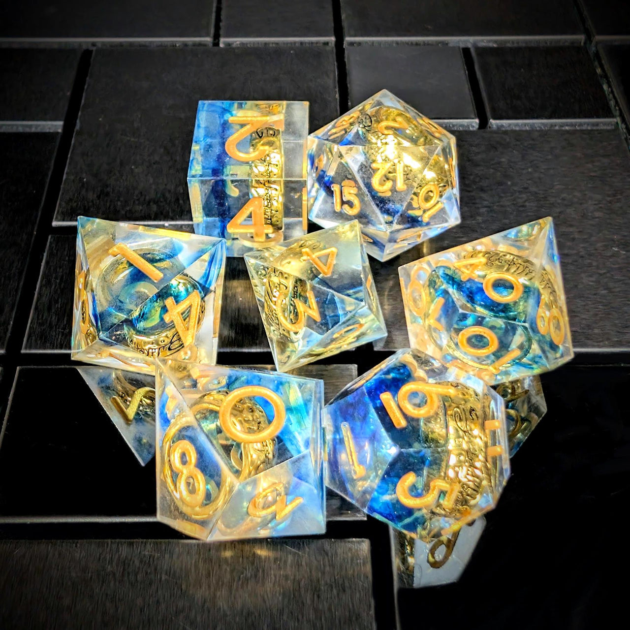 Gold Ring in Blue & Clear Filled Sharp Resin - 7pcs RPG Dice Set