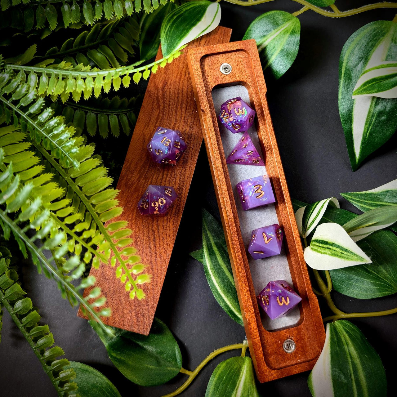 Candy in Purple & White with Copper Foil Sharp Resin - 7pcs RPG Dice Set