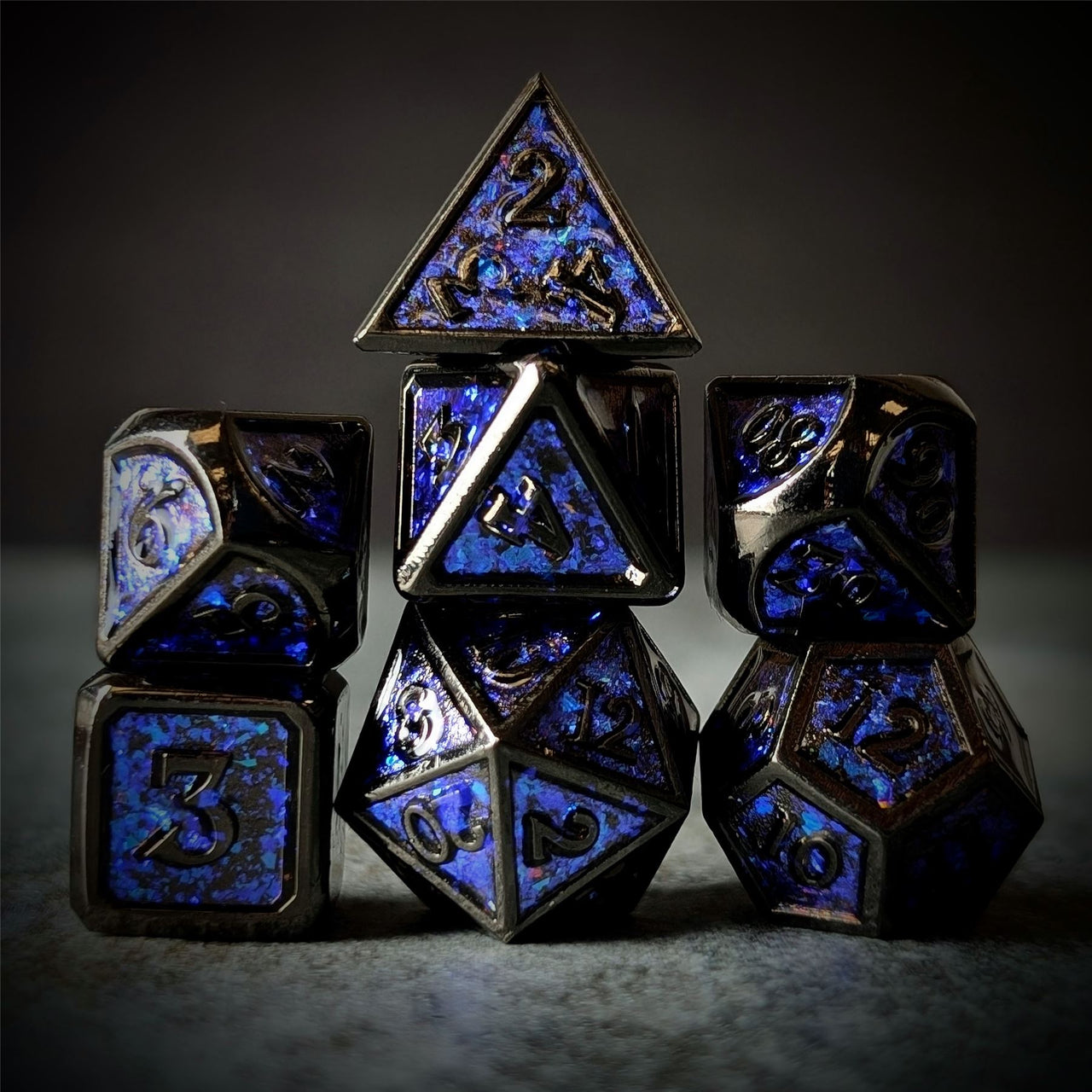 Glitter Blue Enamel in Black Metal - 7pcs RPG Dice Set