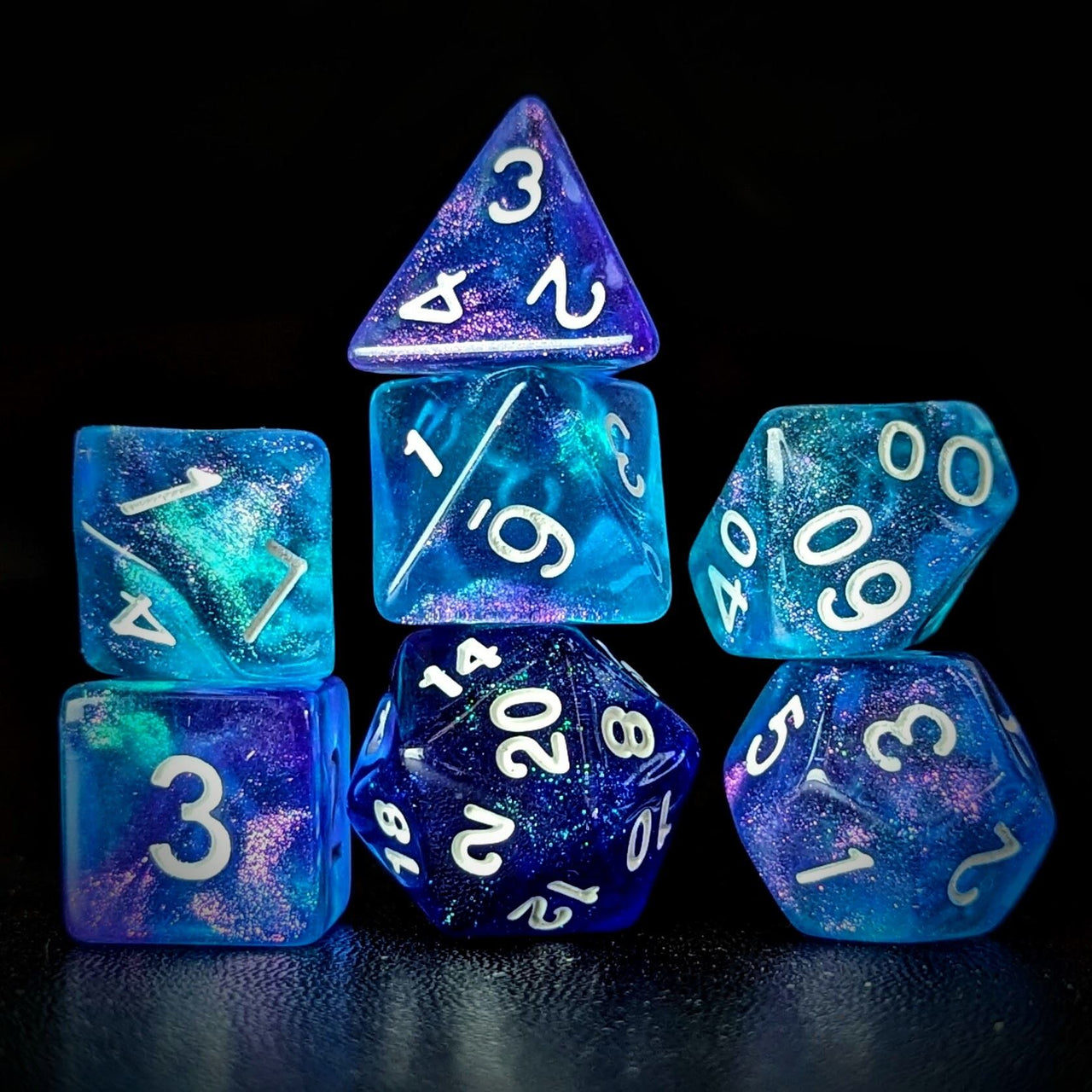 Glitter in Blue & Cyan Acrylic - 7pcs RPG Full Dice Set Dark Stack