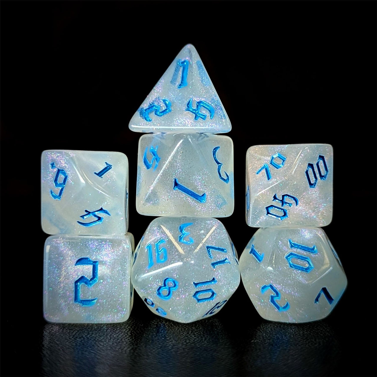 Glitter in White Acrylic with Blue Font - 7pcs RPG Full Dice Set Dark Stack