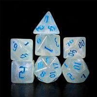 Thumbnail for Glitter in White Acrylic with Blue Font - 7pcs RPG Full Dice Set Dark Stack