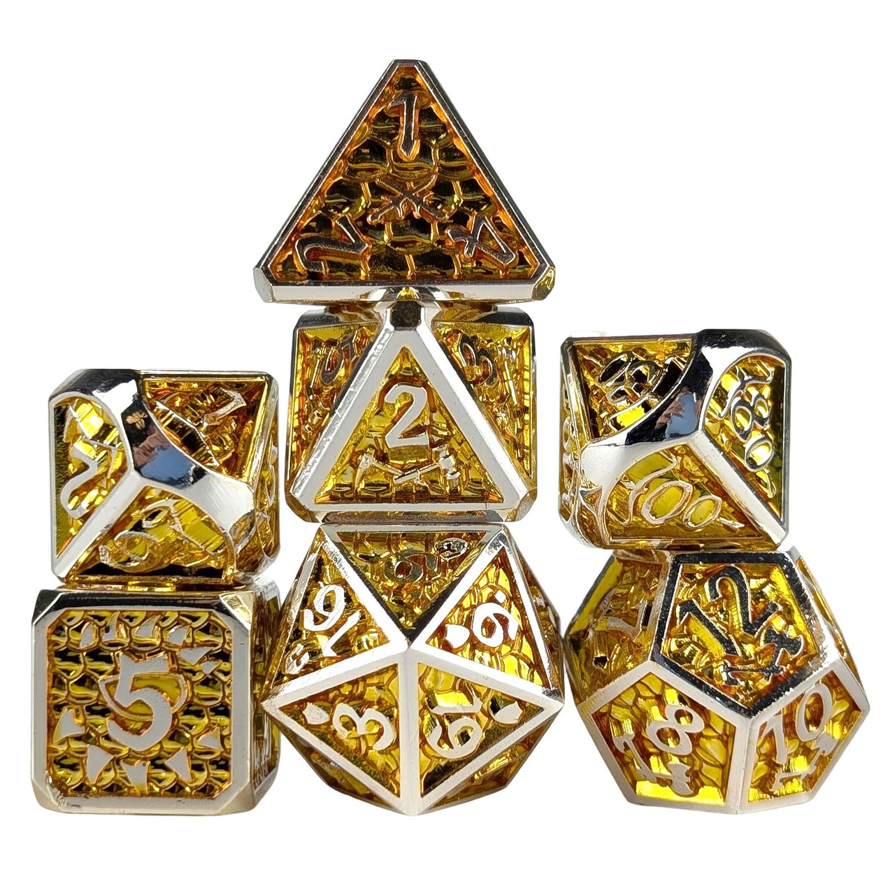 Gold Monster in Silver Metal - 7pcs RPG Dice Set