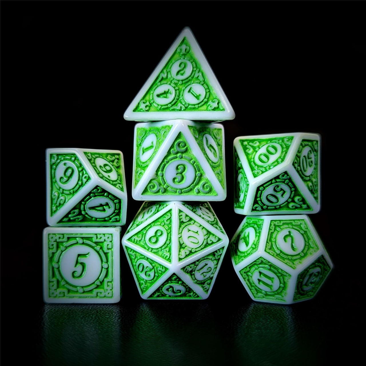 Green Lattice on White Acrylic - 7pcs RPG Full Dice Set Dark Stack