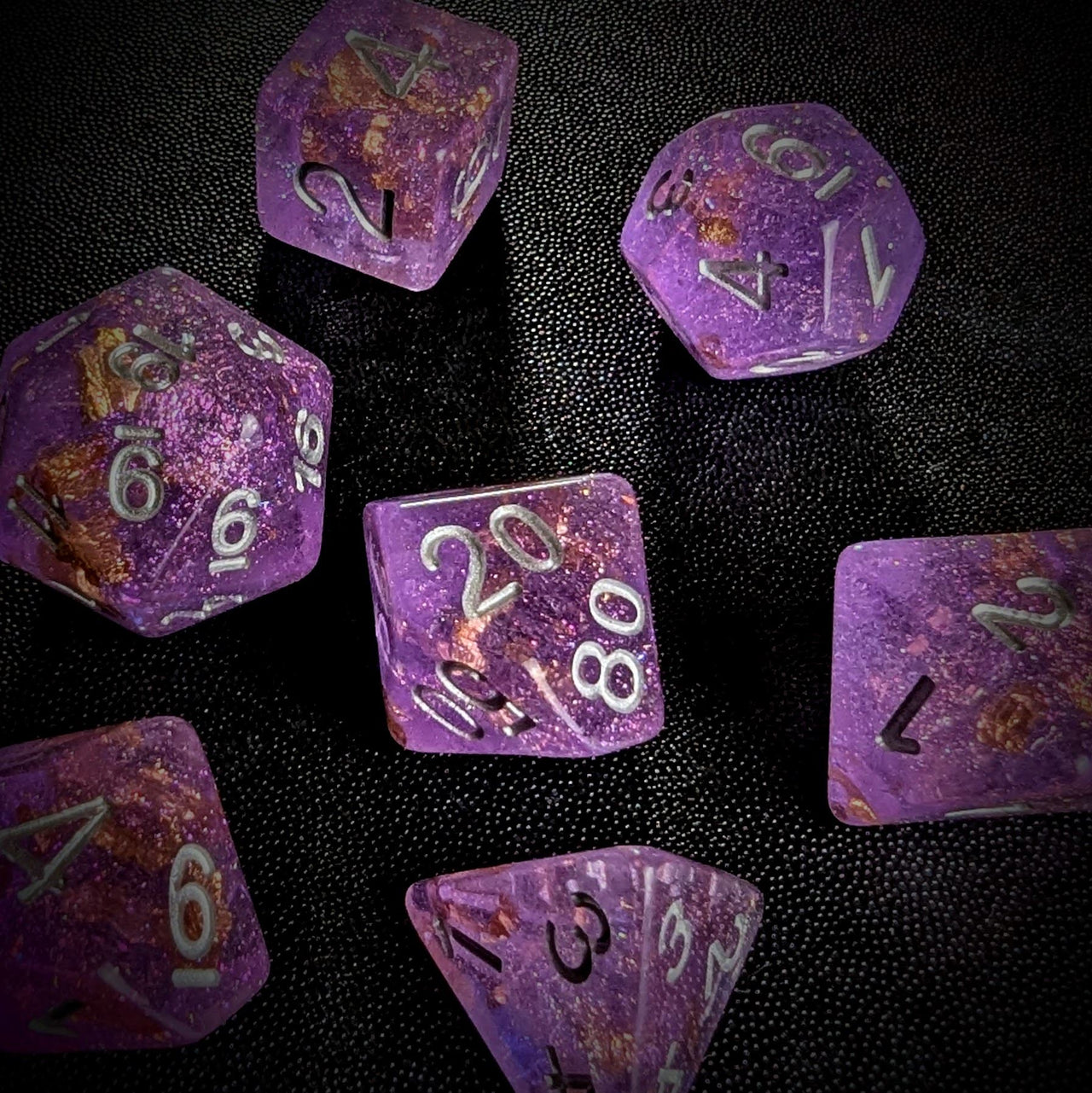 Gold Foil in Clear & Purple Resin - 7pcs RPG Full Dice Set