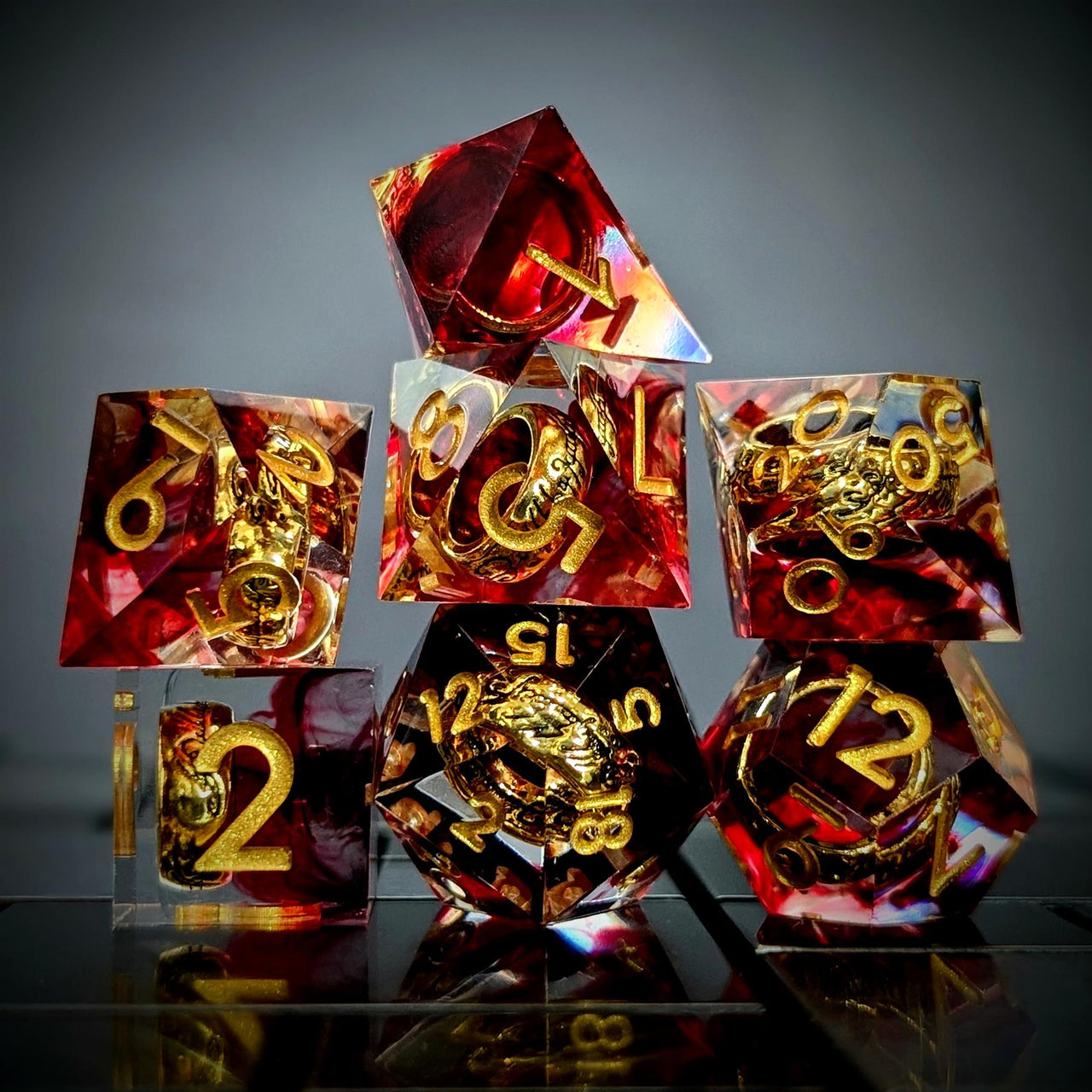 Gold Ring in Red & Clear Filled Sharp Resin - 7pcs RPG Dice Set