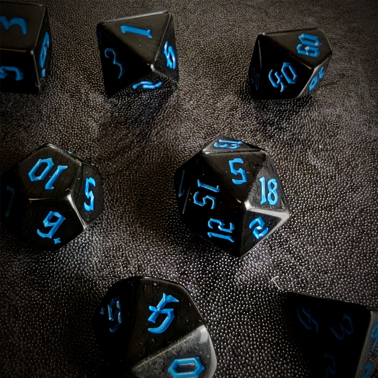 Blue on Solid Black Acrylic - 7pcs RPG Full Dice Set Scatter