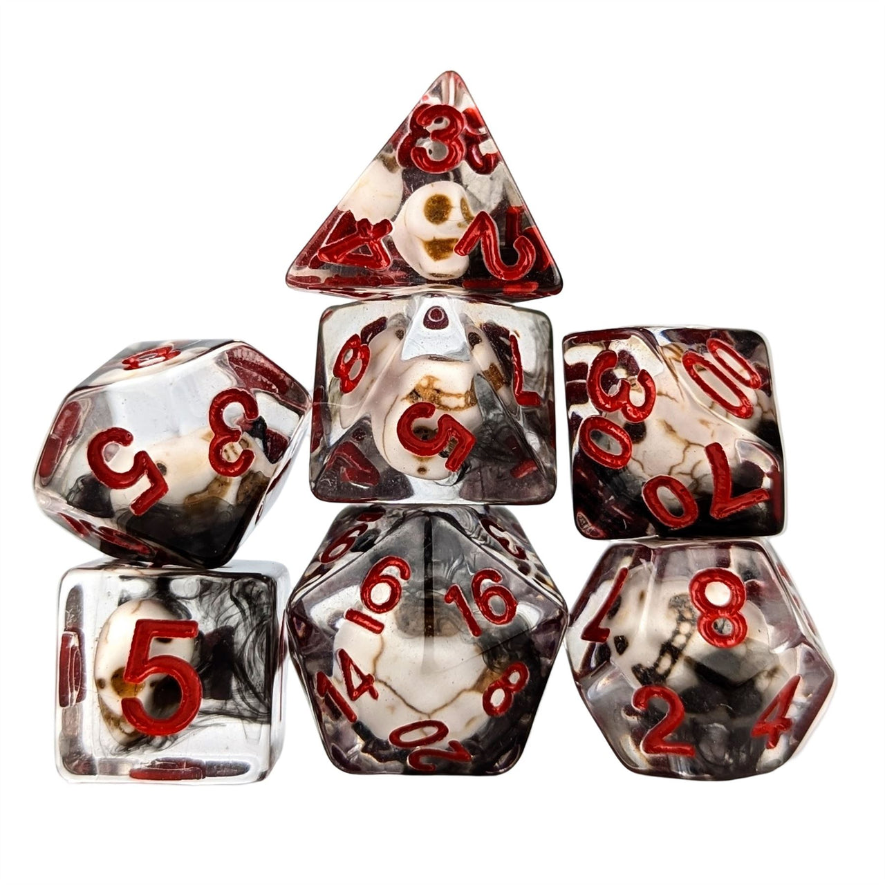 Skull in Clear & Black Resin - 7pcs RPG Full Dice Set