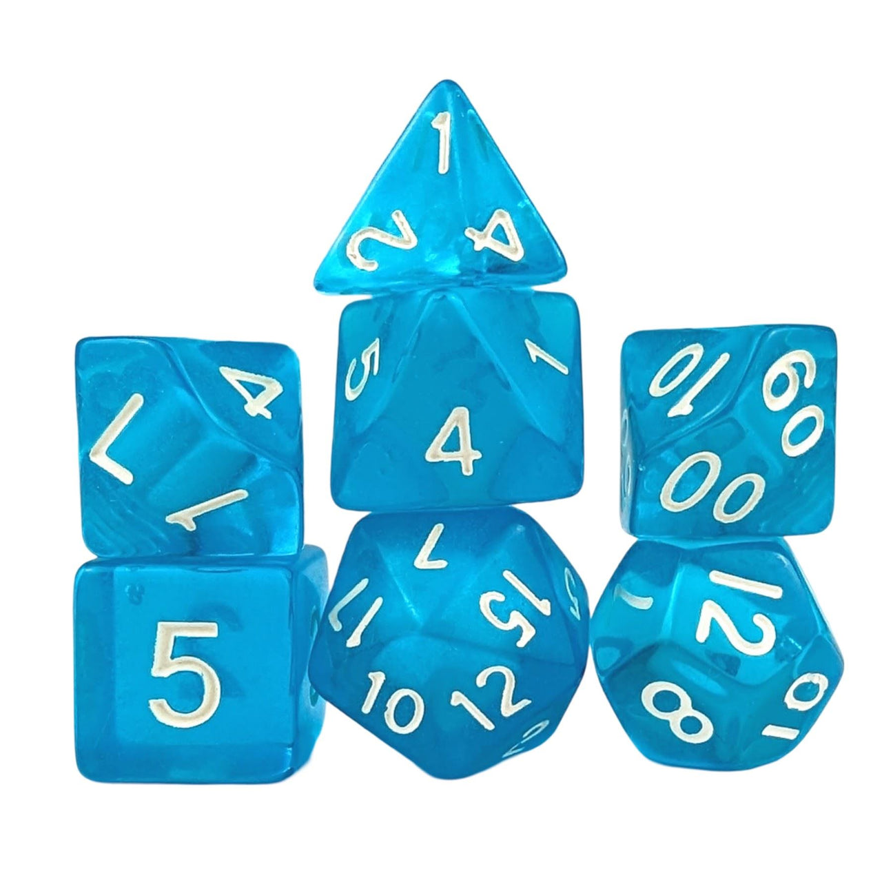 Clear Blue Acrylic - 7pcs RPG Full Dice Set White Stack