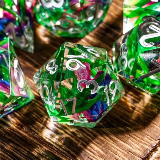 Pink & Blue Butterfly in Clear Filled Sharp Resin - 7pcs RPG Dice Set