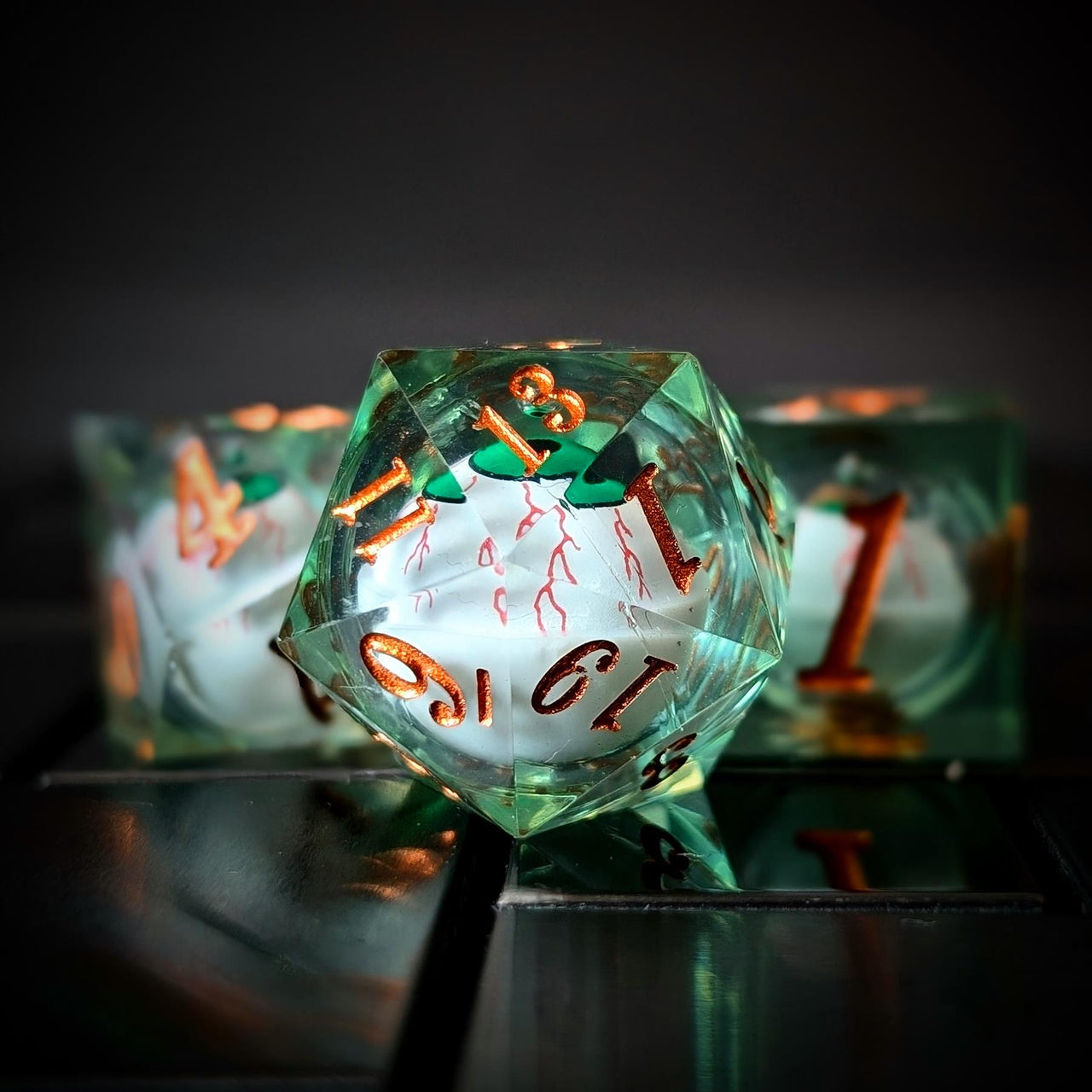 Eye Ball in Green & Clear Liquid Filled Sharp Resin - 7pcs RPG Dice Set