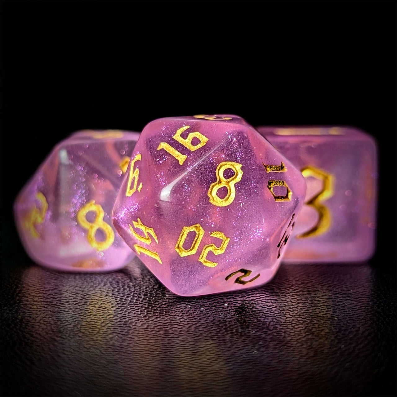 Glitter in Clear Pink Acrylic - 7pcs RPG Full Dice Set Close