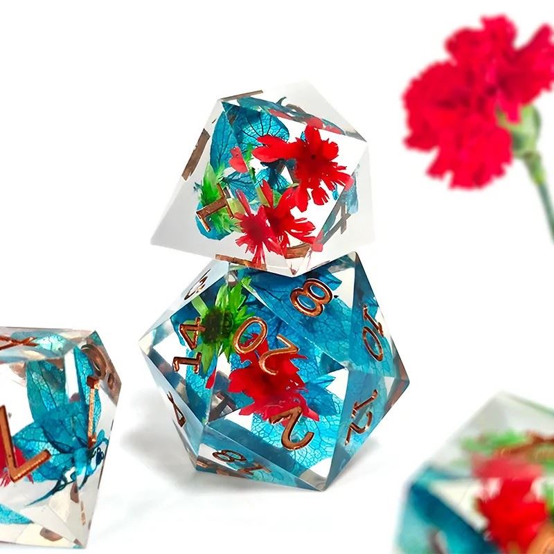 Red, Blue & Green Flowers in Clear Filled Sharp Resin - 7pcs RPG Dice Set