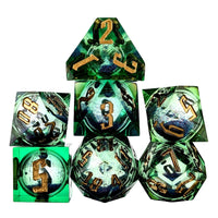 Thumbnail for Blue Glitter in Green & Clear Liquid Filled Sharp Resin - 7pcs RPG Dice Set