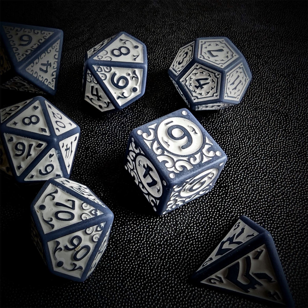 White Vines on Grey Acrylic - 7pcs RPG Full Dice Set Scatter