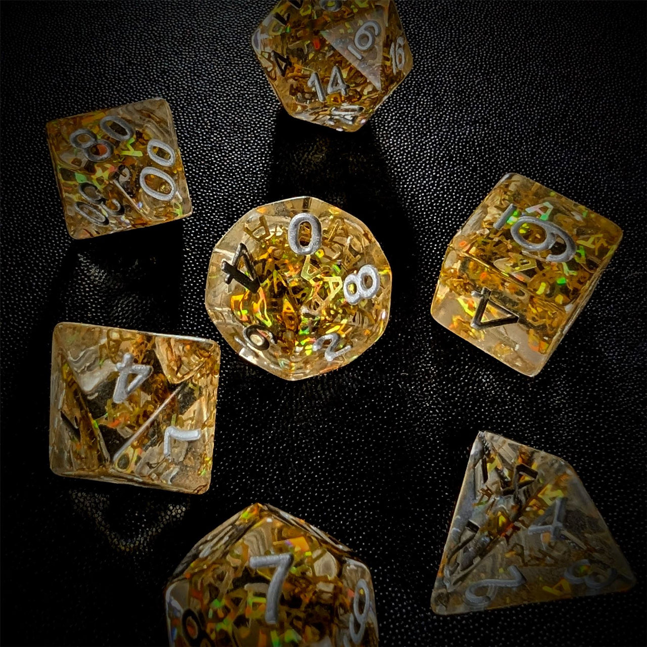 Gold Confetti in Clear Resin - 7pcs RPG Full Dice Set