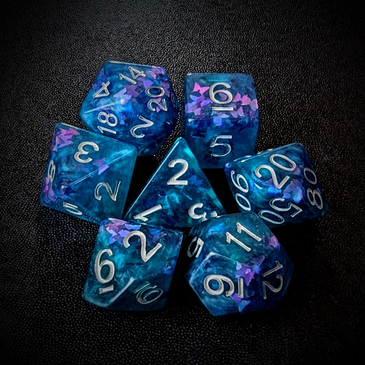 Butterfly in Blue Resin - 7pcs RPG Full Dice Set