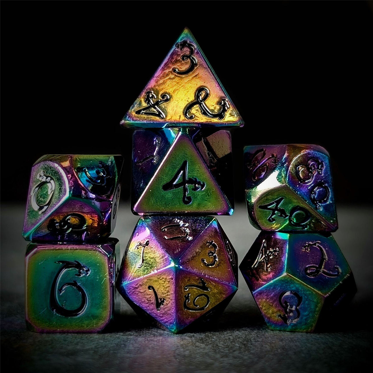 Rainbow Metal with Purple Dragon Font - 7pcs RPG Dice Set