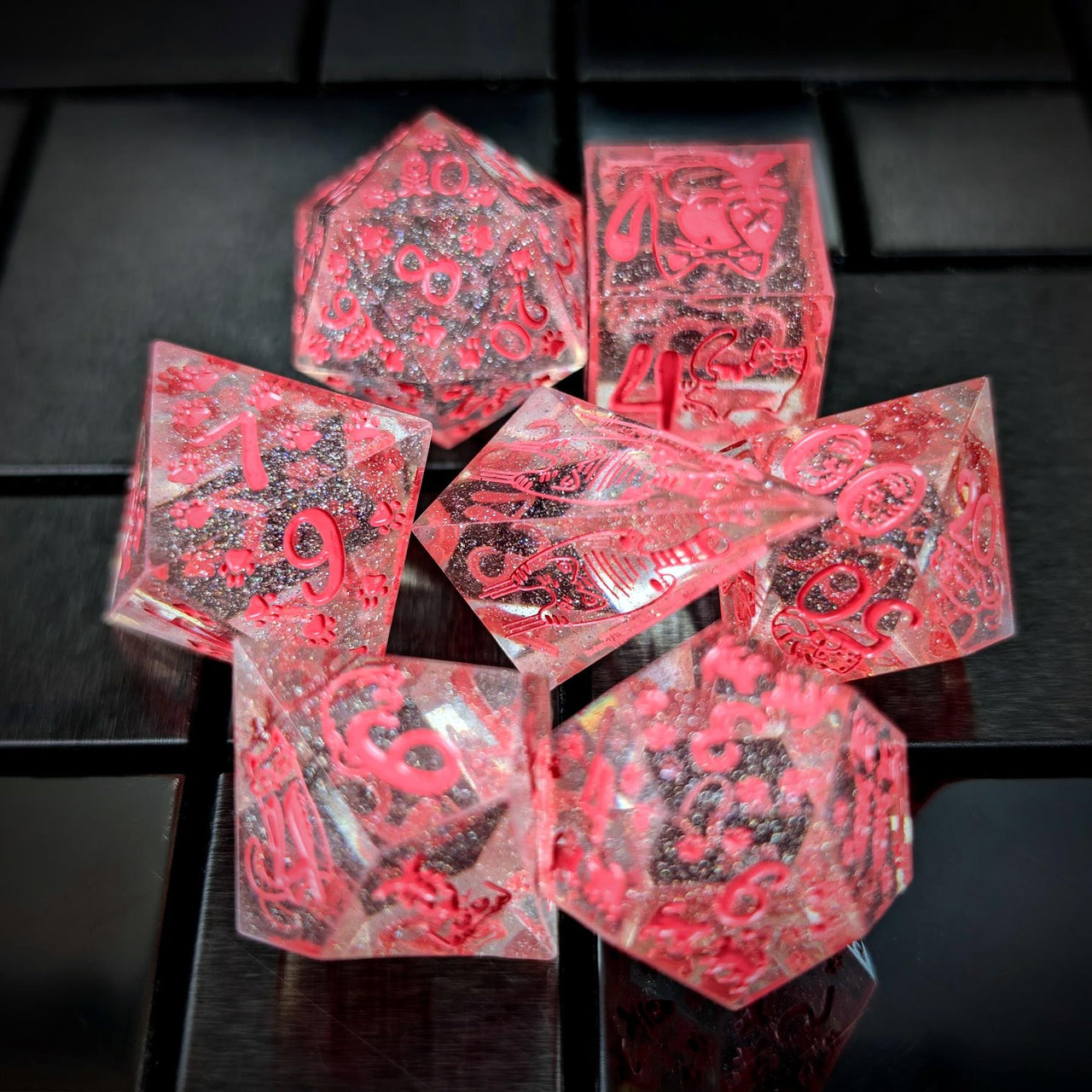 Cats on Pink with Candy Sharp Resin - 7pcs RPG Dice Set