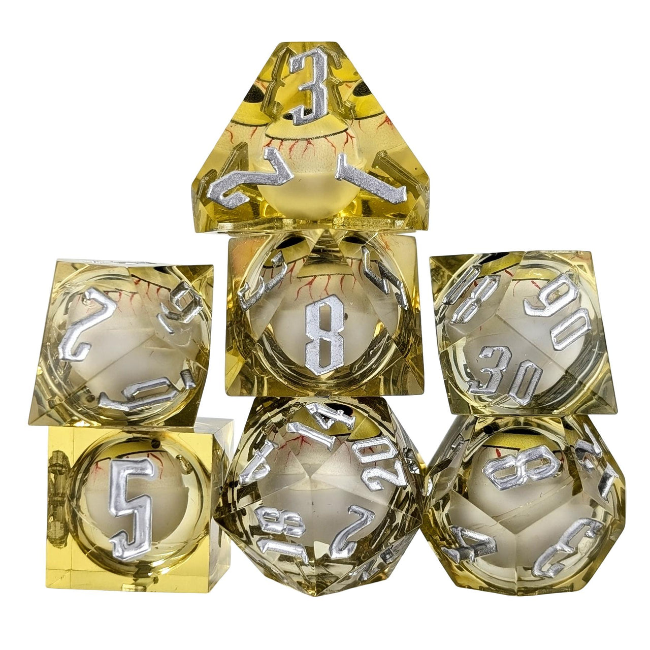 Eye Ball in Yellow Filled Sharp Resin - 7pcs RPG Dice Set