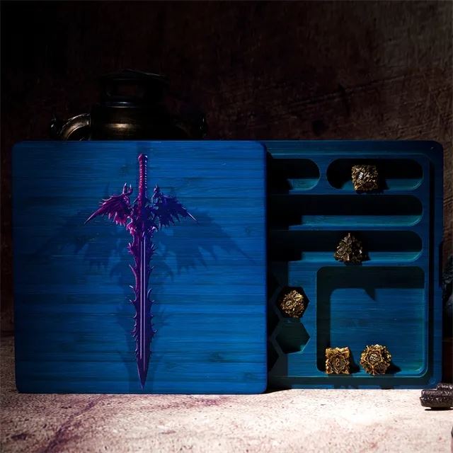 Blue Sword with Wings on Bamboo Wood - Magnetic Dice Storage