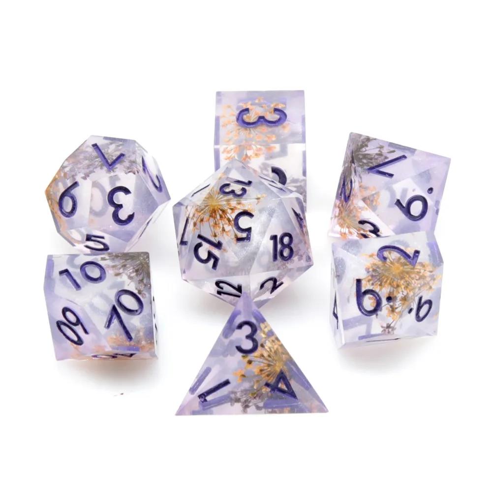 Flower in Yellow & Purple Filled Sharp Resin - 7pcs RPG Dice Set