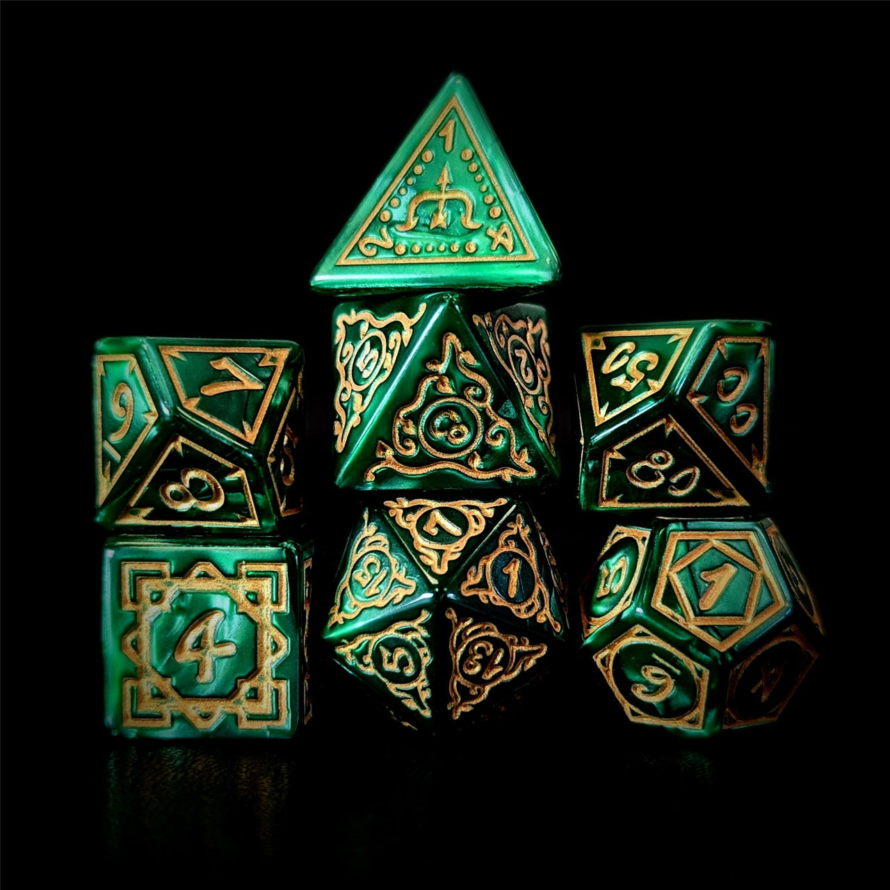 Gold Vines on Green Acrylic - 7pcs RPG Full Dice Set Dark Stack