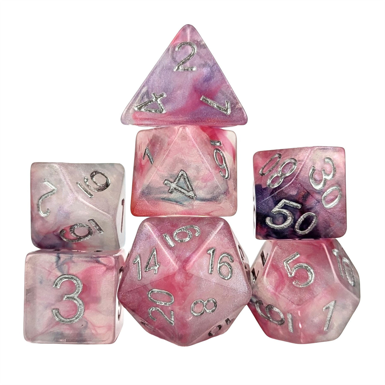 Glitter in Pink & Purple Resin - 7pcs RPG Full Dice Set