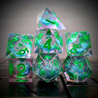 Thumbnail for 7pcs Dice Sharp Filled Liquid Green Font Blue Clear