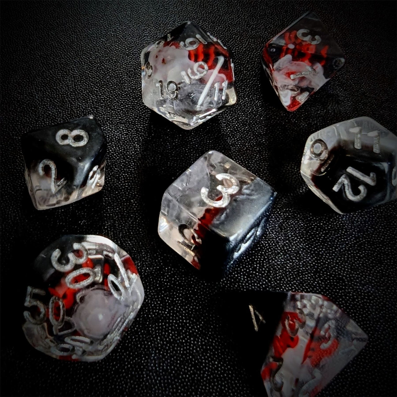 Red Spider in Clear & Black Resin - 7pcs RPG Full Dice Set