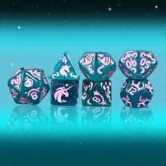 7pcs Dice Resin Pattern Unicorn Pink Font Green