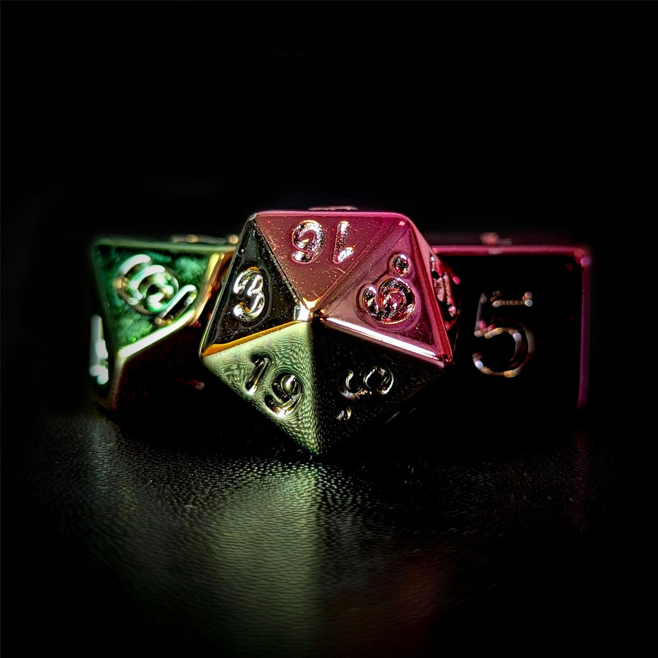 Yellow, Pink & Green Metallic Acrylic - 7pcs RPG Dice Set