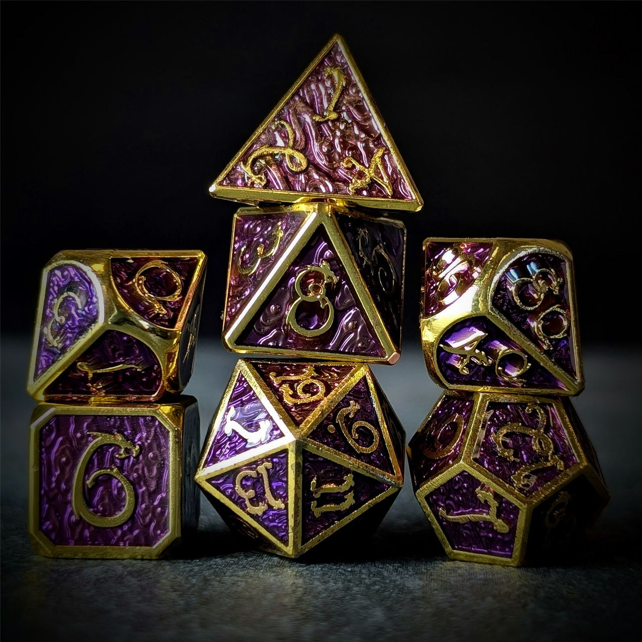 Purple Enamel in Gold Metal - 7pcs RPG Dice Set