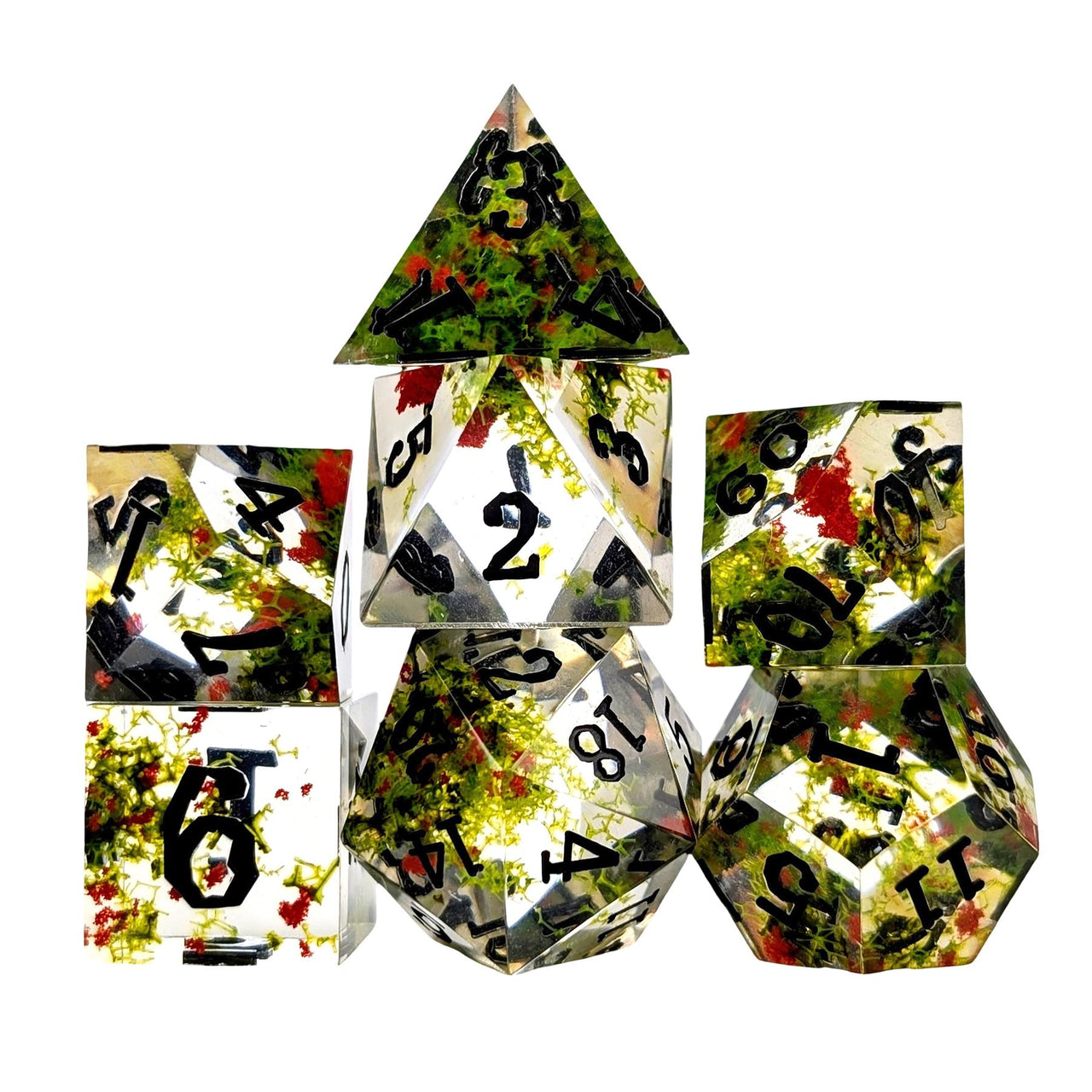 7pcs Dice Sharp Filled Black Font Flowers Red Green Clear