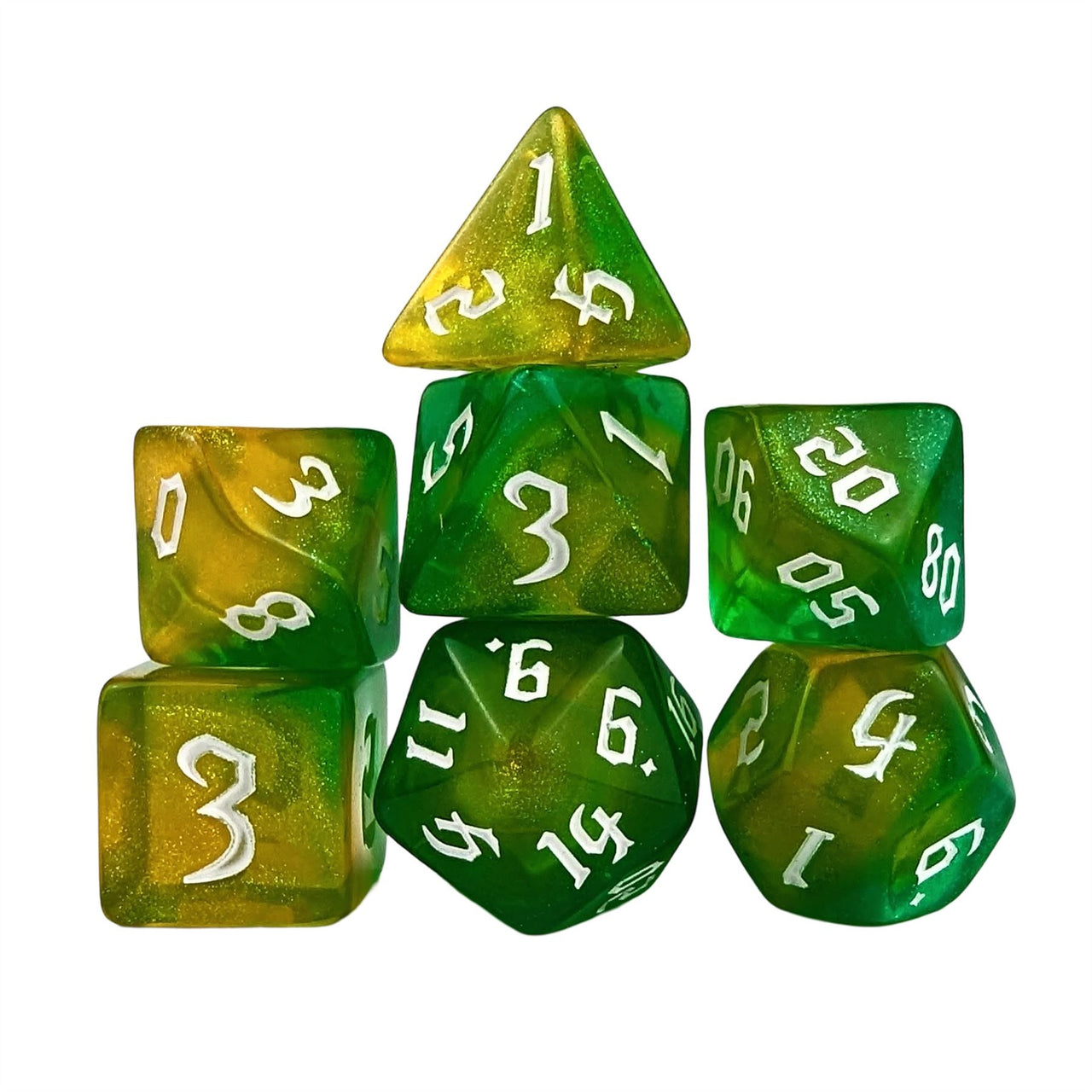 Glitter in Green & Yellow Acrylic - 7pcs RPG Full Dice Set White Stack